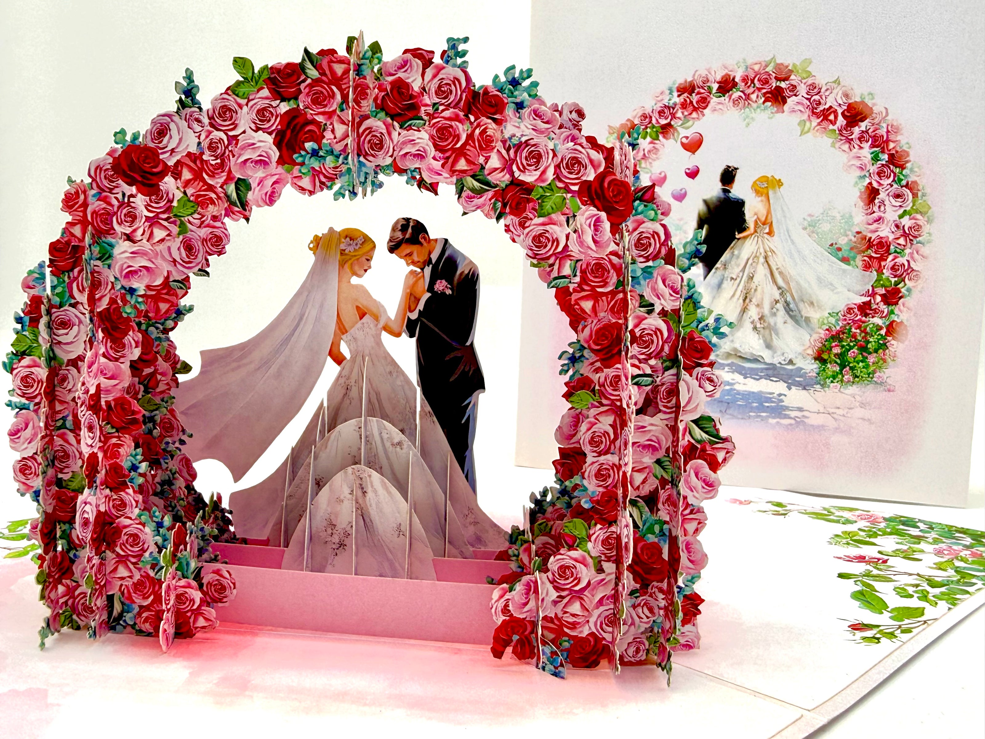 Blonde - Meridian Pink & Red Rose Arch with Bride & Groom Created by Origami Pop Cards – 3D Pop Up Greeting Cards, Australian Design & Handmade, 3D Pop Up Magical Paper Cards, Handmade Pop Up Cards Celebrate Love Anniversary Heart Fell and Romantic