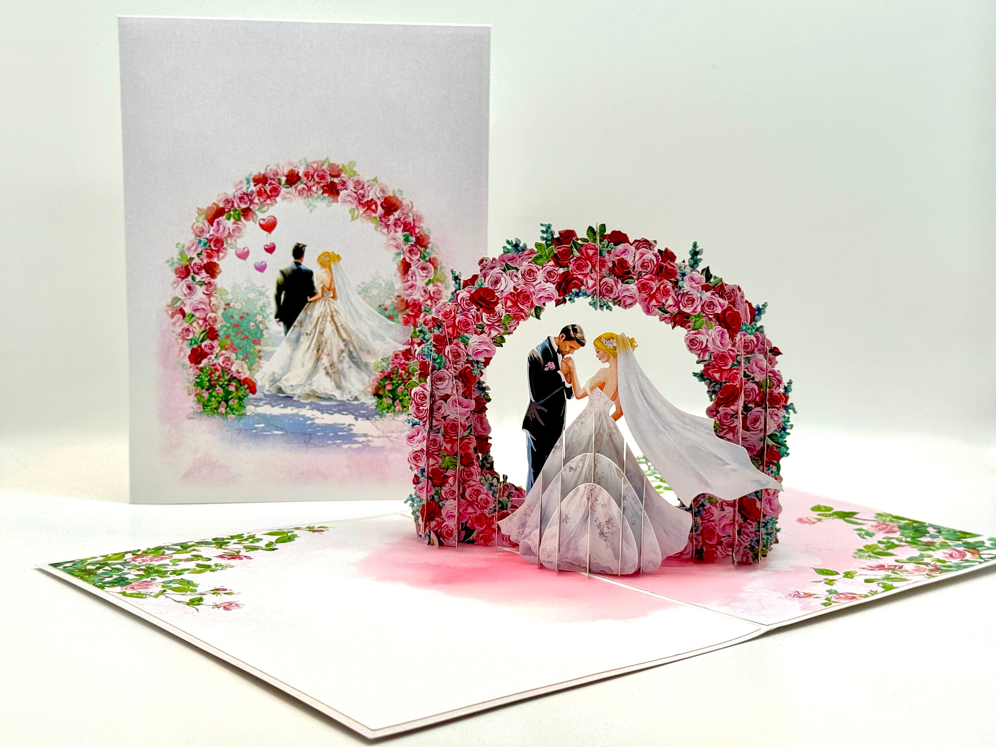 Blonde - Meridian Pink & Red Rose Arch with Bride & Groom Created by Origami Pop Cards – 3D Pop Up Greeting Cards, Australian Design & Handmade, 3D Pop Up Magical Paper Cards, Handmade Pop Up Cards Celebrate Love Anniversary Heart Fell and Romantic