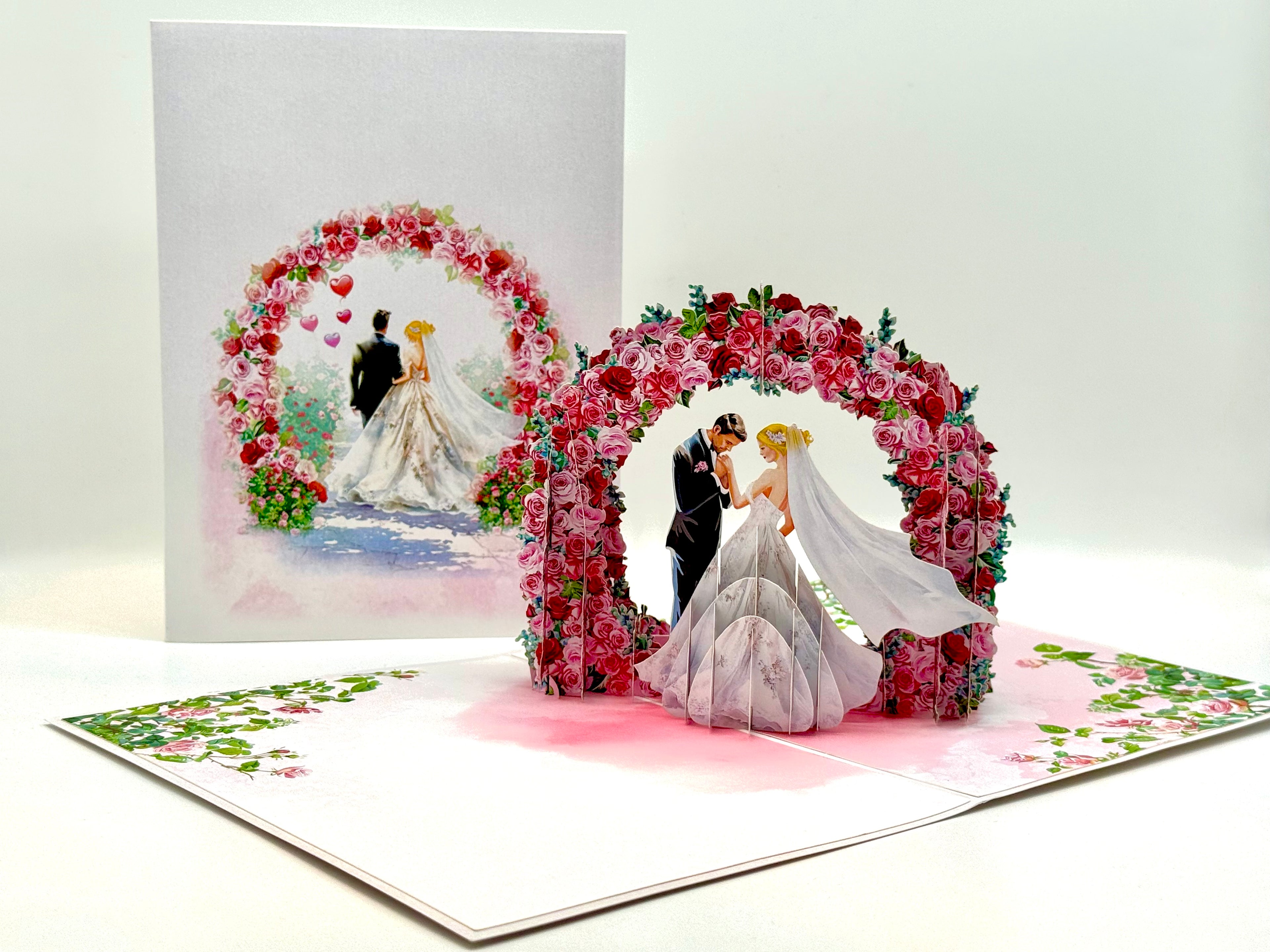 Blonde - Meridian Pink & Red Rose Arch with Bride & Groom Created by Origami Pop Cards – 3D Pop Up Greeting Cards, Australian Design & Handmade, 3D Pop Up Magical Paper Cards, Handmade Pop Up Cards Celebrate Love Anniversary Heart Fell and Romantic