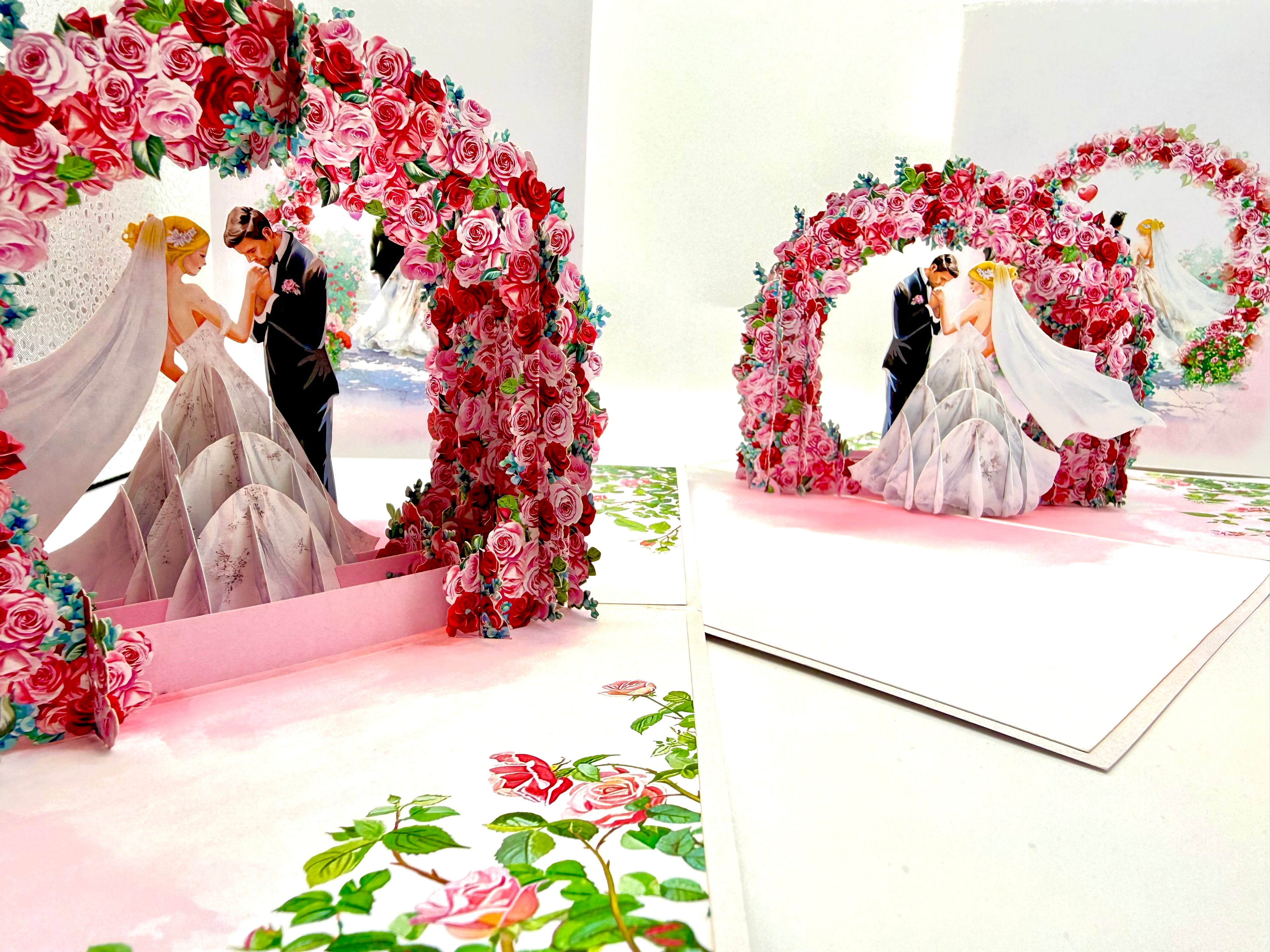Blonde - Meridian Pink & Red Rose Arch with Bride & Groom Created by Origami Pop Cards – 3D Pop Up Greeting Cards, Australian Design & Handmade, 3D Pop Up Magical Paper Cards, Handmade Pop Up Cards Celebrate Love Anniversary Heart Fell and Romantic