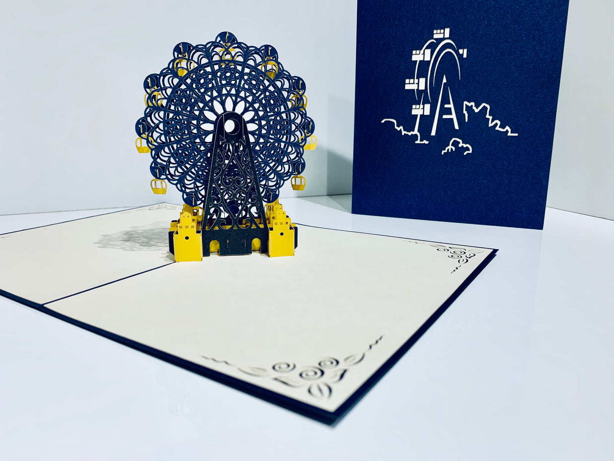 Metallic Ferris Wheel in Royal Blue & Yellow Origami Pop Cards 3D Pop Up Greeting Card Happy Birthday Thank You Handmade Gift Thinking of You Blank Card for Any Occasion Happy Mother's Day Happy Father's Celebrate the Beauty of Architecture