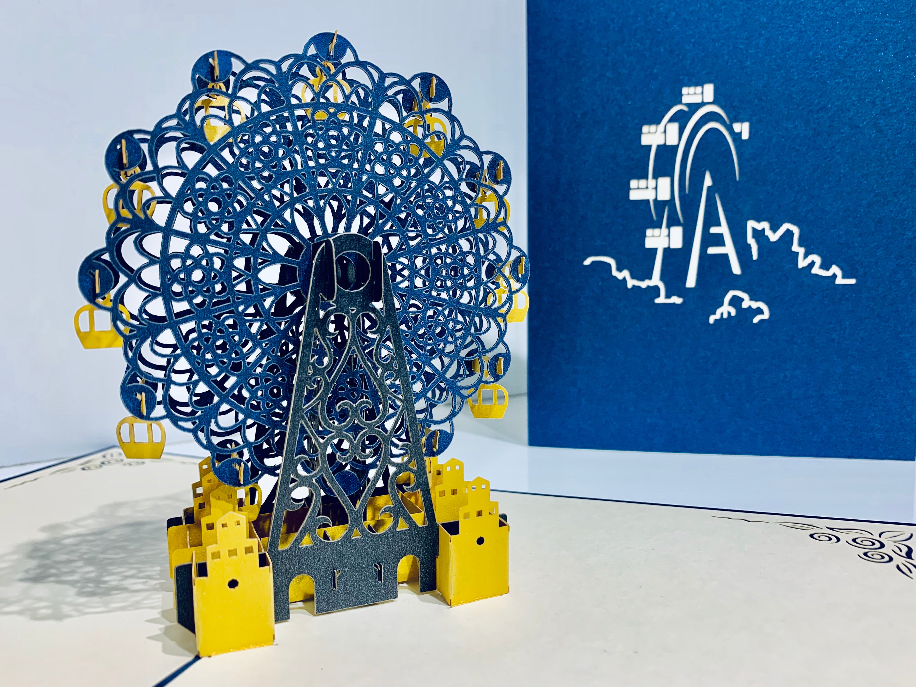 Metallic Ferris Wheel in Royal Blue & Yellow Origami Pop Cards 3D Pop Up Greeting Card Happy Birthday Thank You Handmade Gift Thinking of You Blank Card for Any Occasion Happy Mother's Day Happy Father's Celebrate the Beauty of Architecture