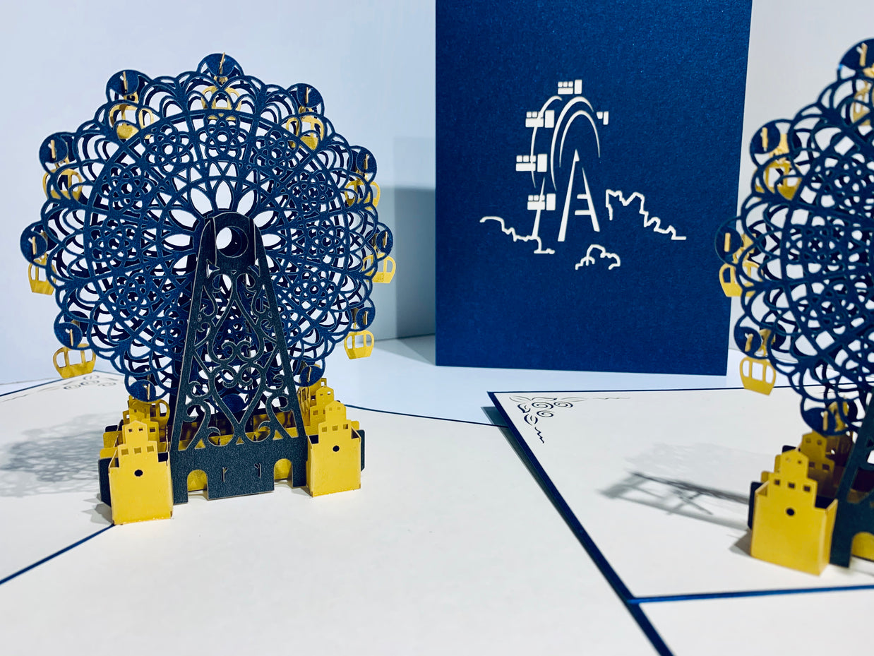 Metallic Ferris Wheel in Royal Blue & Yellow Origami Pop Cards 3D Pop Up Greeting Card Happy Birthday Thank You Handmade Gift Thinking of You Blank Card for Any Occasion Happy Mother's Day Happy Father's Celebrate the Beauty of Architecture