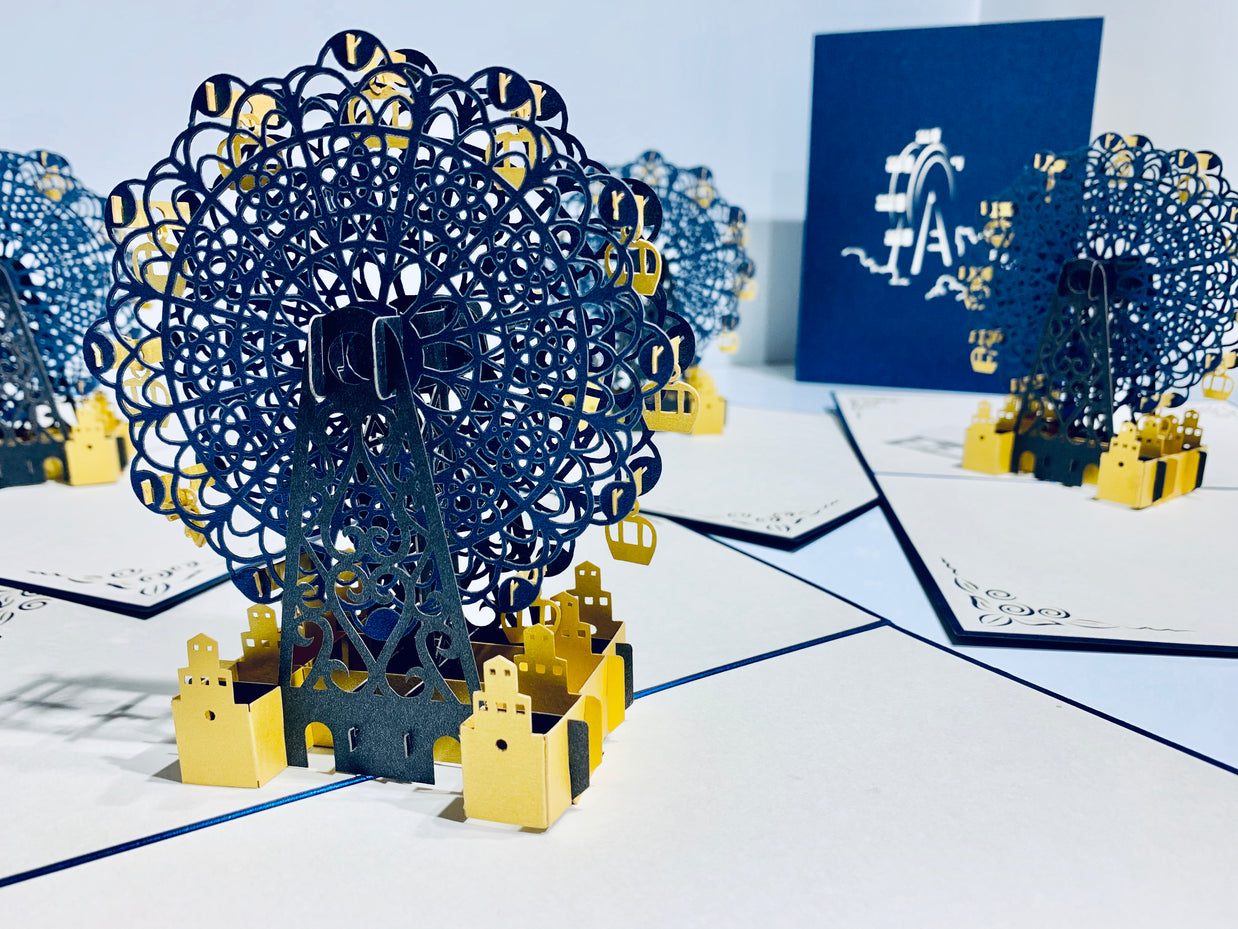 Metallic Ferris Wheel in Royal Blue & Yellow Origami Pop Cards 3D Pop Up Greeting Card Happy Birthday Thank You Handmade Gift Thinking of You Blank Card for Any Occasion Happy Mother's Day Happy Father's Celebrate the Beauty of Architecture