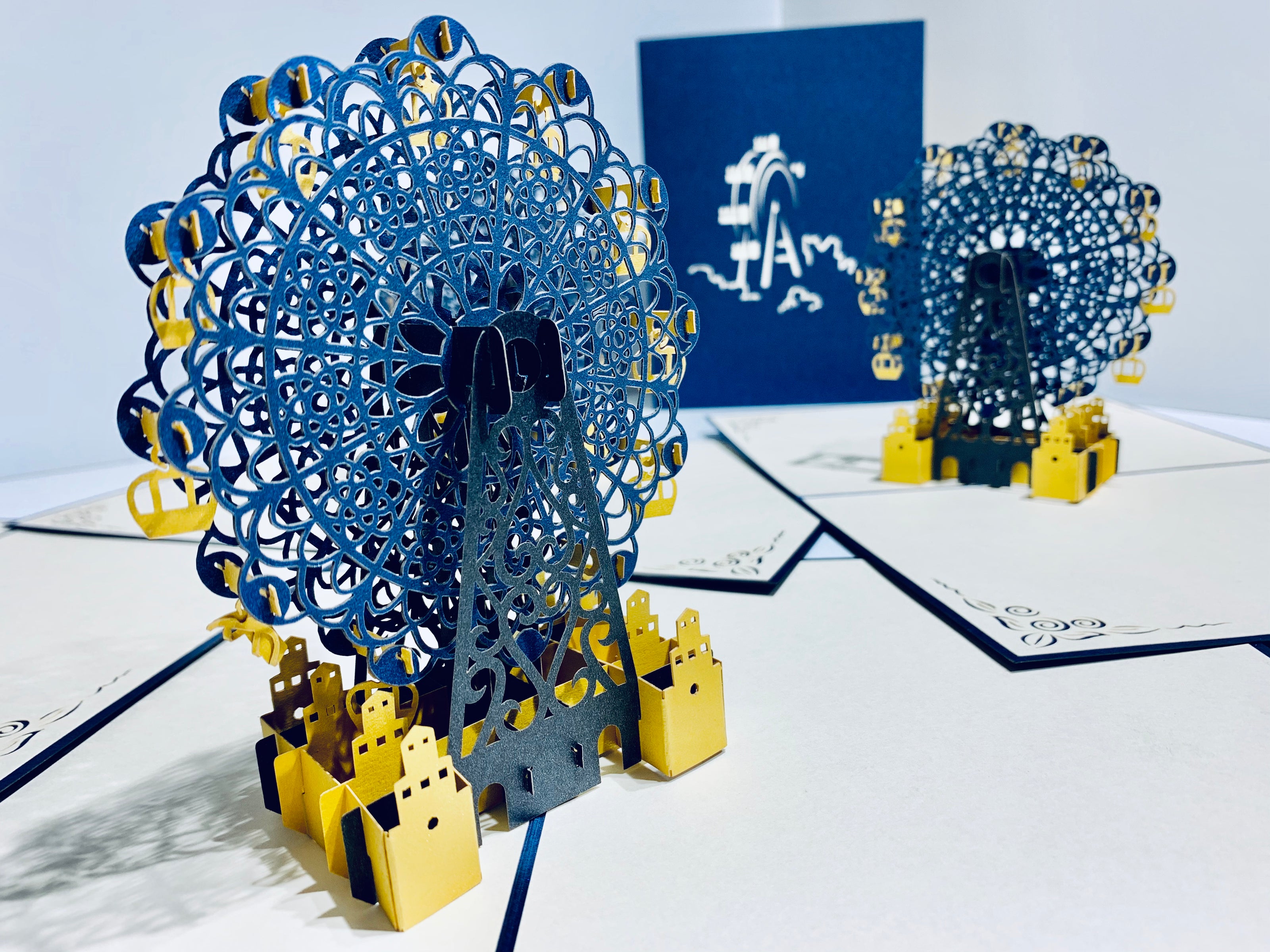 Metallic Ferris Wheel in Royal Blue & Yellow Origami Pop Cards 3D Pop Up Greeting Card Happy Birthday Thank You Handmade Gift Thinking of You Blank Card for Any Occasion Happy Mother's Day Happy Father's Celebrate the Beauty of Architecture