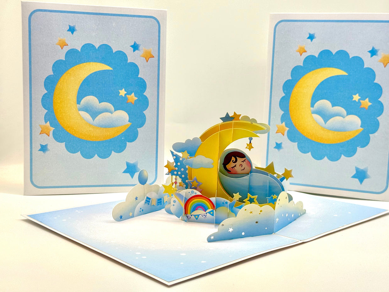 Blue Newborn Baby Boy Sleeping on A Crescent Moon Under Starry Night Sky Origami Pop Cards 3D Pop Up Greeting Card Happy Birthday Thank You Handmade Gift Thinking of You Blank Card for Any Occasion Happy Mother's Day Happy Newborn Baby