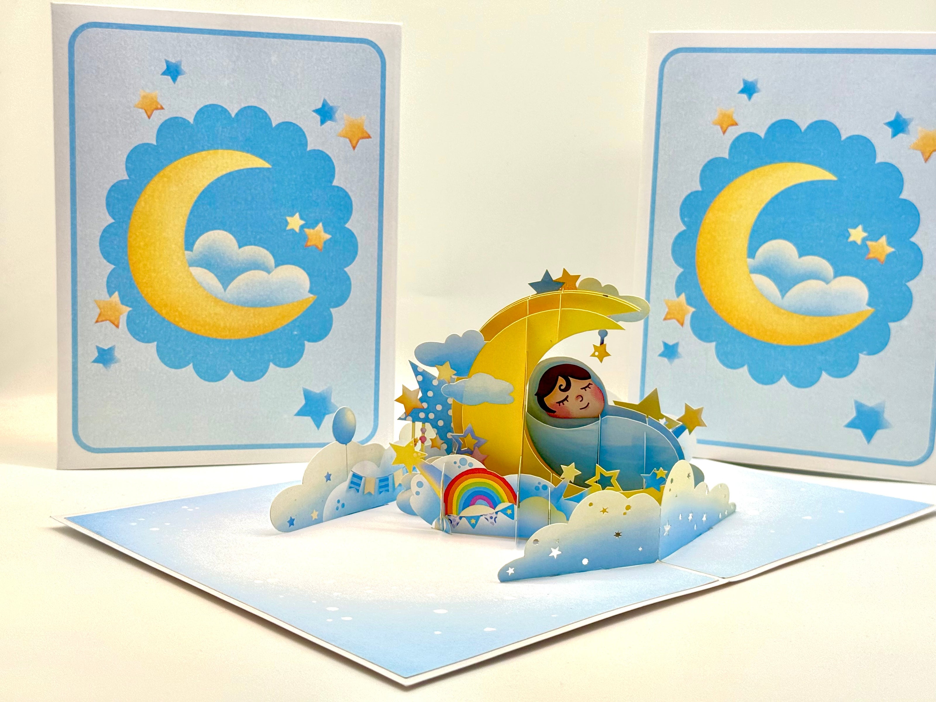 Blue Newborn Baby Boy Sleeping on A Crescent Moon Under Starry Night Sky Origami Pop Cards 3D Pop Up Greeting Card Happy Birthday Thank You Handmade Gift Thinking of You Blank Card for Any Occasion Happy Mother's Day Happy Newborn Baby