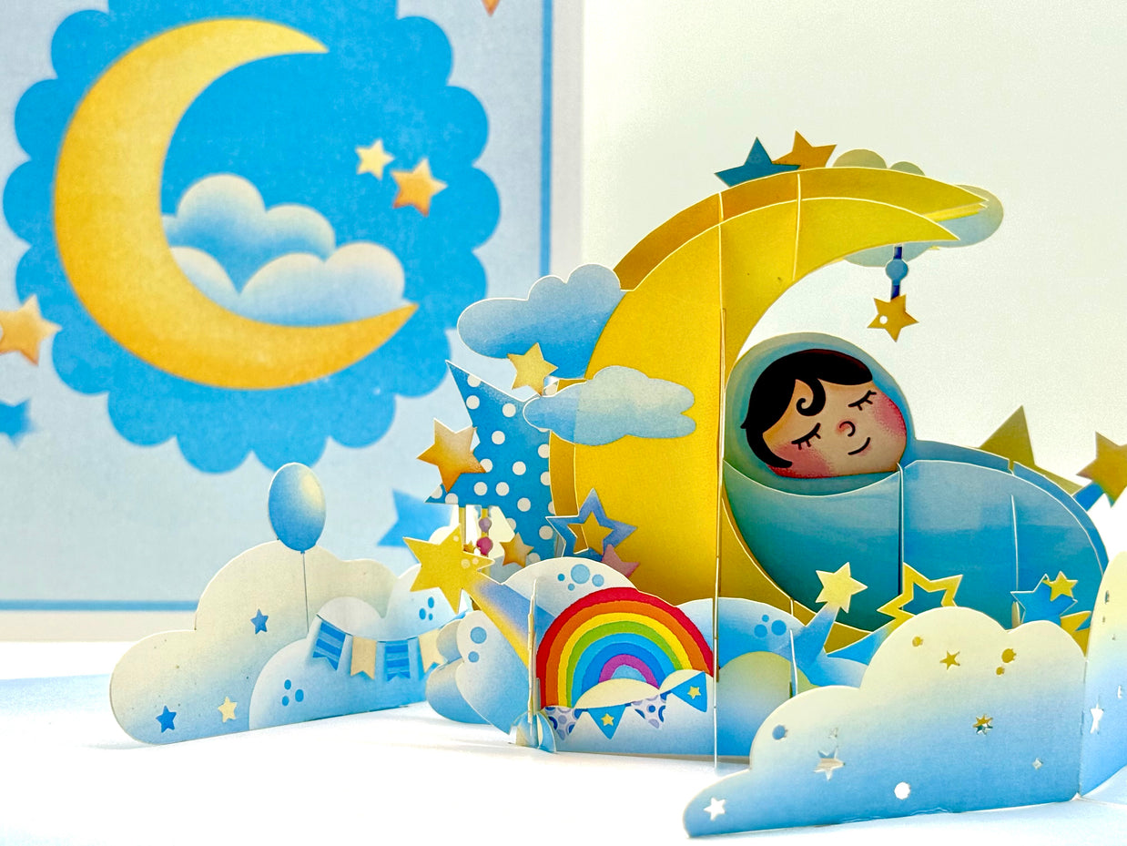 Blue Newborn Baby Boy Sleeping on A Crescent Moon Under Starry Night Sky Origami Pop Cards 3D Pop Up Greeting Card Happy Birthday Thank You Handmade Gift Thinking of You Blank Card for Any Occasion Happy Mother's Day Happy Newborn Baby