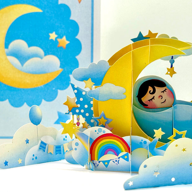 Blue Newborn Baby Boy Sleeping on A Crescent Moon Under Starry Night Sky Origami Pop Cards 3D Pop Up Greeting Card Happy Birthday Thank You Handmade Gift Thinking of You Blank Card for Any Occasion Happy Mother's Day Happy Newborn Baby