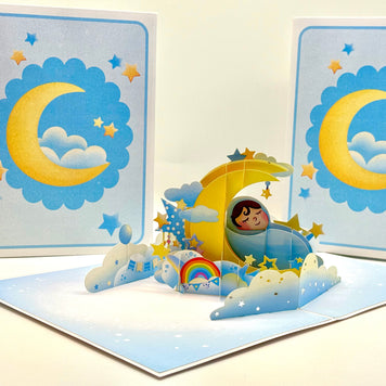 Blue Newborn Baby Boy Sleeping on A Crescent Moon Under Starry Night Sky Origami Pop Cards 3D Pop Up Greeting Card Happy Birthday Thank You Handmade Gift Thinking of You Blank Card for Any Occasion Happy Mother's Day Happy Newborn Baby
