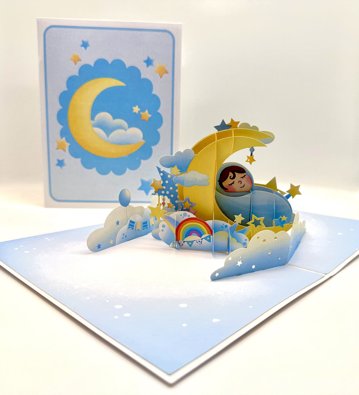 Blue Newborn Baby Boy Sleeping on A Crescent Moon Under Starry Night Sky Origami Pop Cards 3D Pop Up Greeting Card Happy Birthday Thank You Handmade Gift Thinking of You Blank Card for Any Occasion Happy Mother's Day Happy Newborn Baby