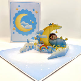 Blue Newborn Baby Boy Sleeping on A Crescent Moon Under Starry Night Sky Origami Pop Cards 3D Pop Up Greeting Card Happy Birthday Thank You Handmade Gift Thinking of You Blank Card for Any Occasion Happy Mother's Day Happy Newborn Baby