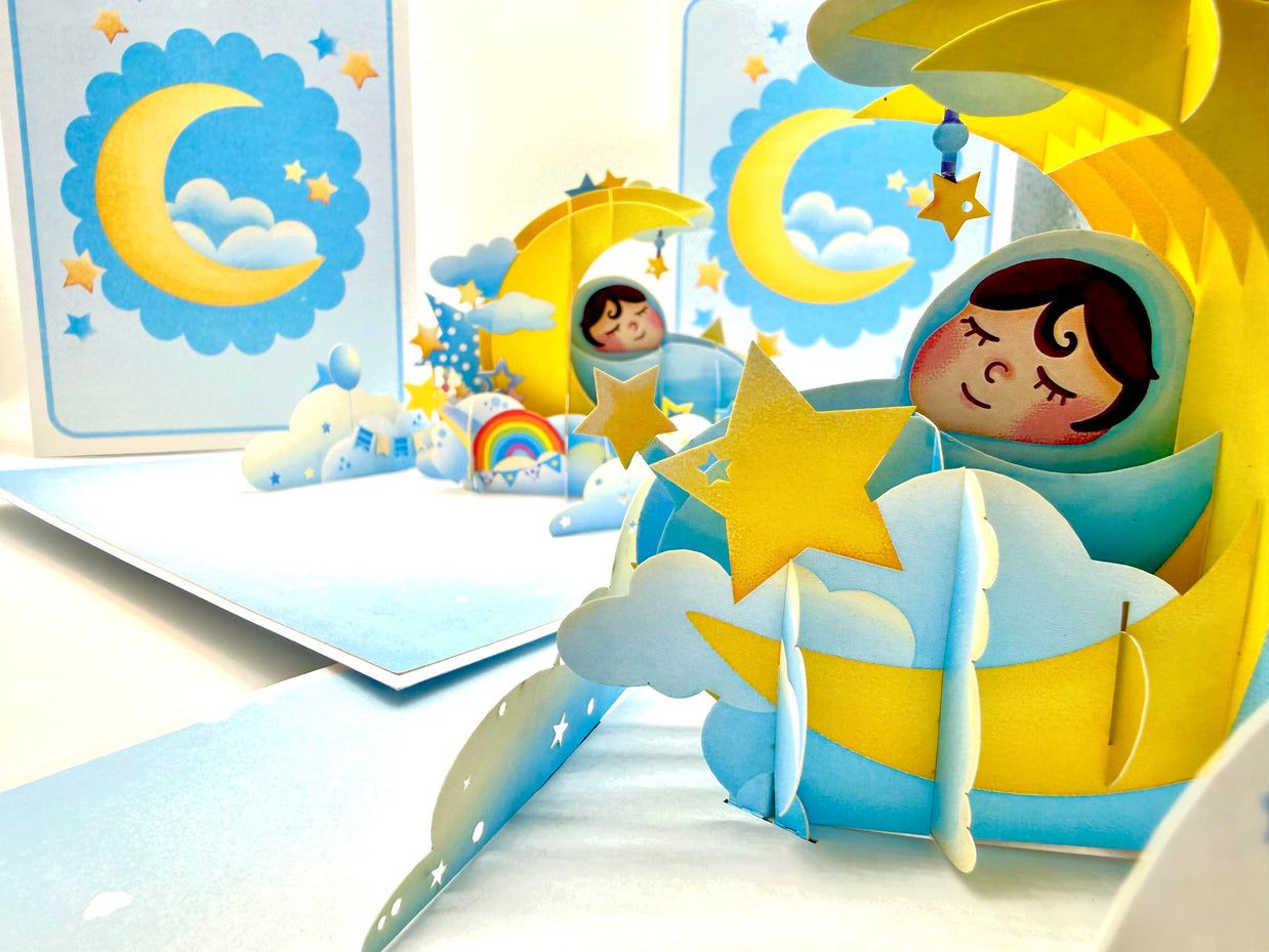 Blue Newborn Baby Boy Sleeping on A Crescent Moon Under Starry Night Sky Origami Pop Cards 3D Pop Up Greeting Card Happy Birthday Thank You Handmade Gift Thinking of You Blank Card for Any Occasion Happy Mother's Day Happy Newborn Baby