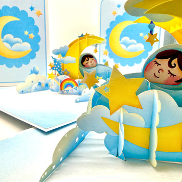 Blue Newborn Baby Boy Sleeping on A Crescent Moon Under Starry Night Sky Origami Pop Cards 3D Pop Up Greeting Card Happy Birthday Thank You Handmade Gift Thinking of You Blank Card for Any Occasion Happy Mother's Day Happy Newborn Baby