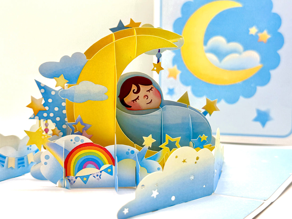 Blue Newborn Baby Boy Sleeping on A Crescent Moon Under Starry Night Sky Origami Pop Cards 3D Pop Up Greeting Card Happy Birthday Thank You Handmade Gift Thinking of You Blank Card for Any Occasion Happy Mother's Day Happy Newborn Baby