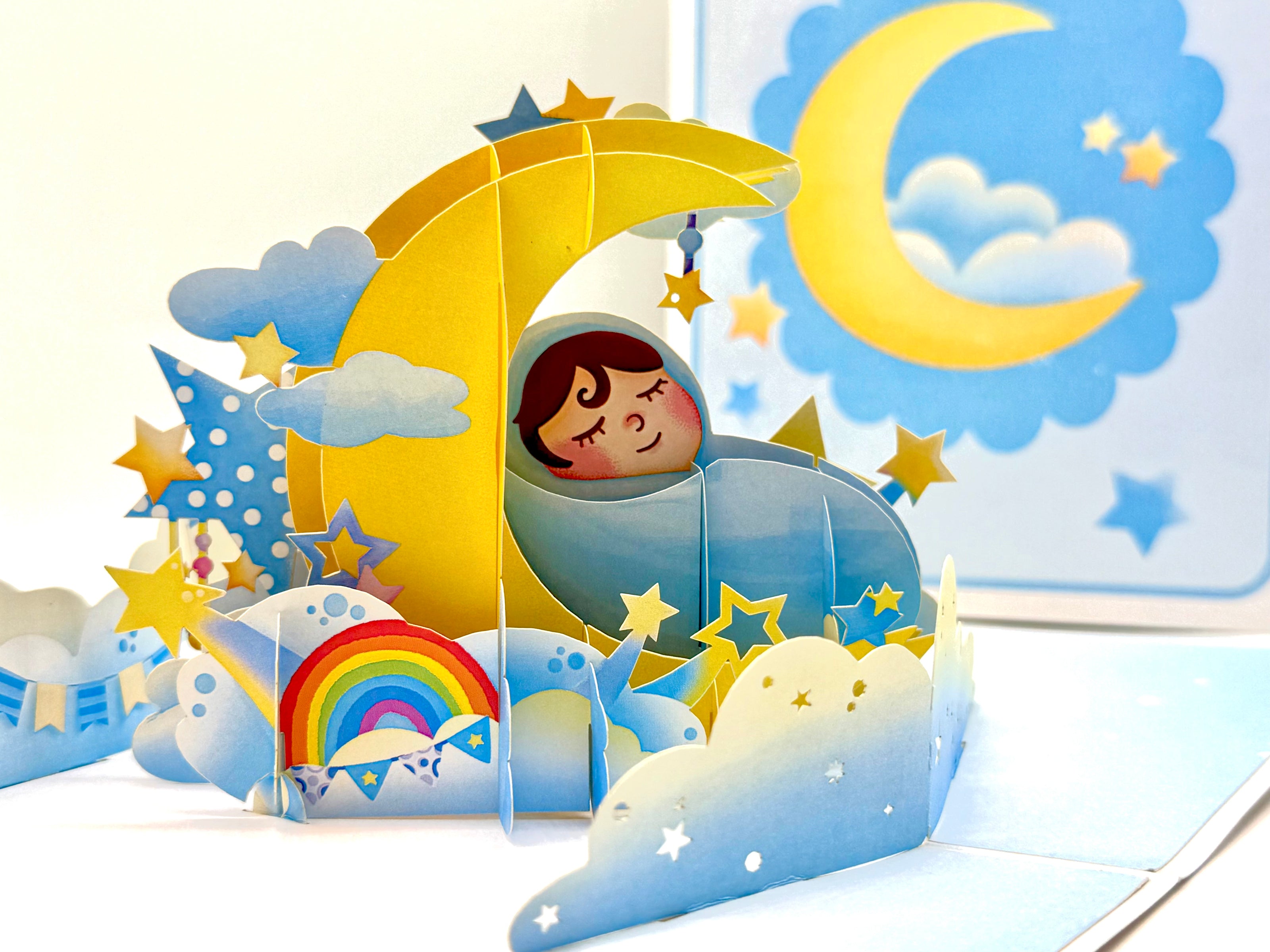 Blue Newborn Baby Boy Sleeping on A Crescent Moon Under Starry Night Sky Origami Pop Cards 3D Pop Up Greeting Card Happy Birthday Thank You Handmade Gift Thinking of You Blank Card for Any Occasion Happy Mother's Day Happy Newborn Baby