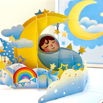 Blue Newborn Baby Boy Sleeping on A Crescent Moon Under Starry Night Sky Origami Pop Cards 3D Pop Up Greeting Card Happy Birthday Thank You Handmade Gift Thinking of You Blank Card for Any Occasion Happy Mother's Day Happy Newborn Baby
