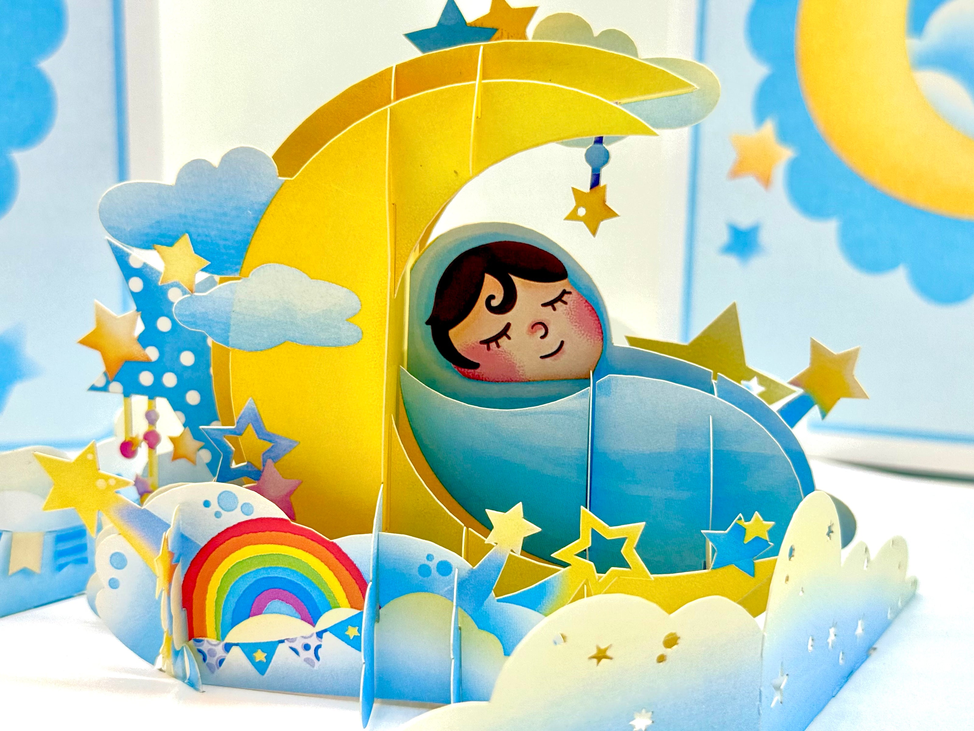 Blue Newborn Baby Boy Sleeping on A Crescent Moon Under Starry Night Sky Origami Pop Cards 3D Pop Up Greeting Card Happy Birthday Thank You Handmade Gift Thinking of You Blank Card for Any Occasion Happy Mother's Day Happy Newborn Baby