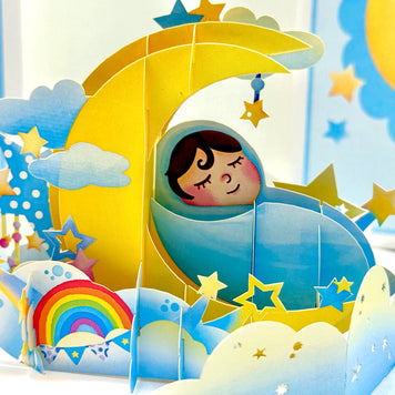 Blue Newborn Baby Boy Sleeping on A Crescent Moon Under Starry Night Sky Origami Pop Cards 3D Pop Up Greeting Card Happy Birthday Thank You Handmade Gift Thinking of You Blank Card for Any Occasion Happy Mother's Day Happy Newborn Baby