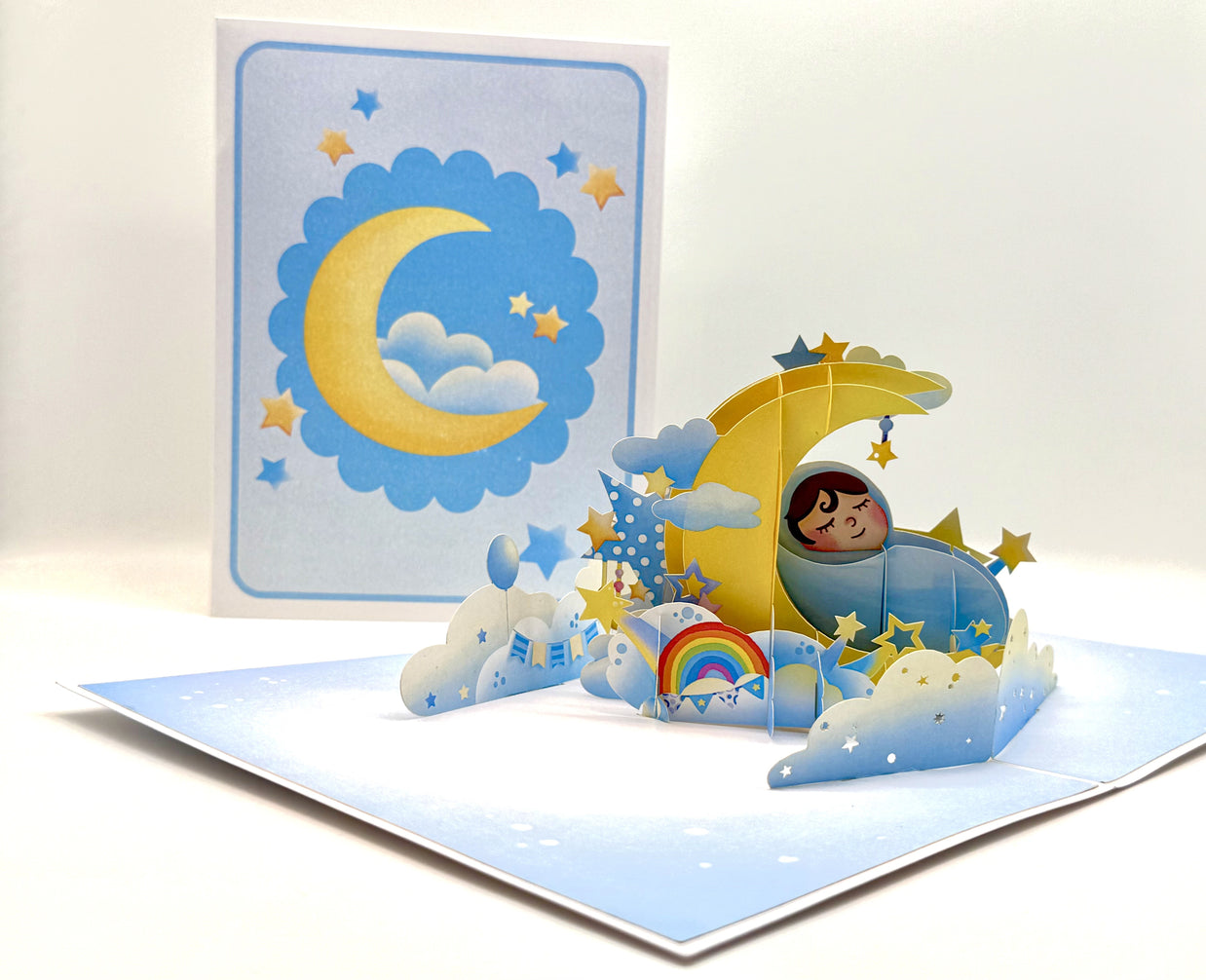 Blue Newborn Baby Boy Sleeping on A Crescent Moon Under Starry Night Sky Origami Pop Cards 3D Pop Up Greeting Card Happy Birthday Thank You Handmade Gift Thinking of You Blank Card for Any Occasion Happy Mother's Day Happy Newborn Baby