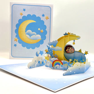 Blue Newborn Baby Boy Sleeping on A Crescent Moon Under Starry Night Sky Origami Pop Cards 3D Pop Up Greeting Card Happy Birthday Thank You Handmade Gift Thinking of You Blank Card for Any Occasion Happy Mother's Day Happy Newborn Baby