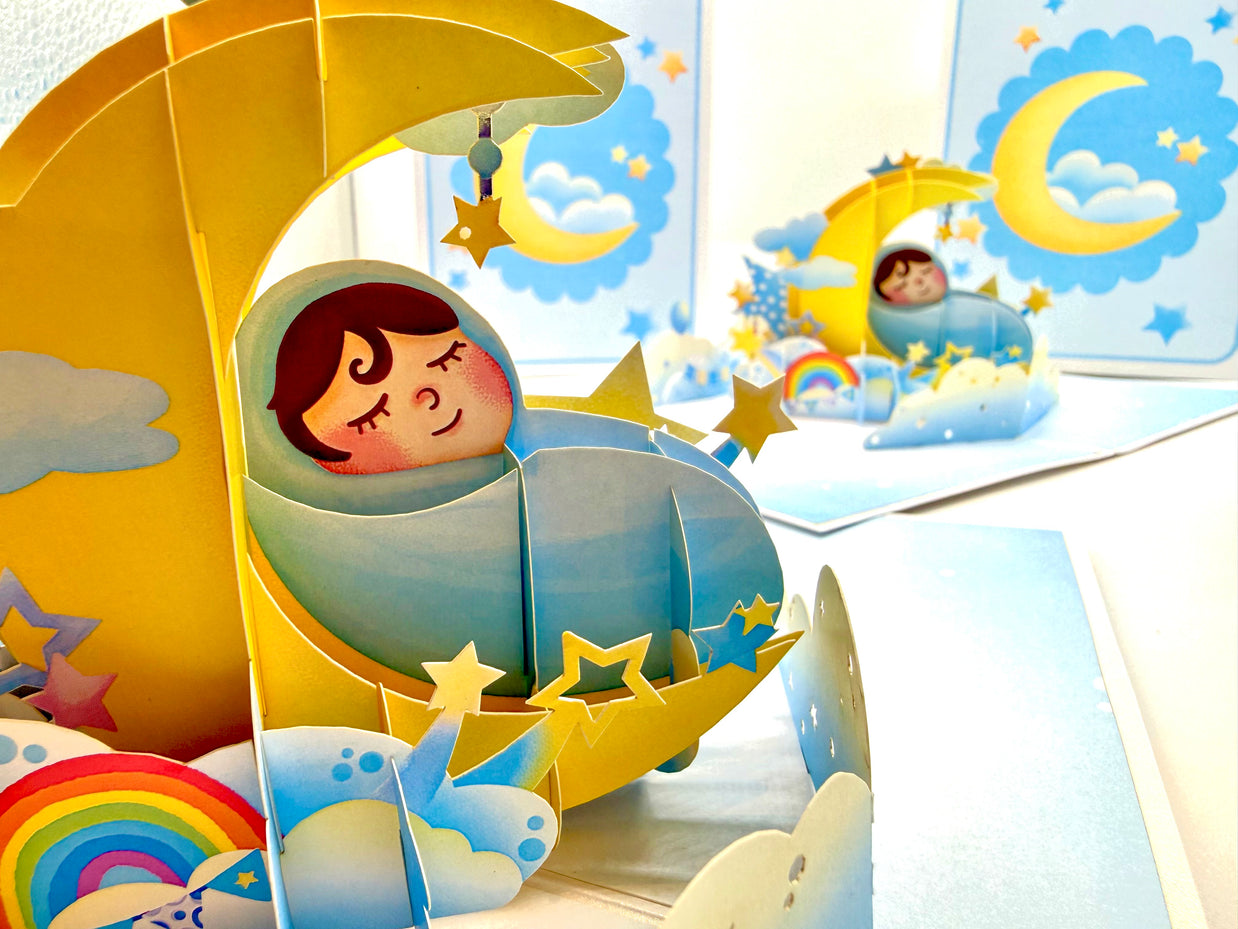 Blue Newborn Baby Boy Sleeping on A Crescent Moon Under Starry Night Sky Origami Pop Cards 3D Pop Up Greeting Card Happy Birthday Thank You Handmade Gift Thinking of You Blank Card for Any Occasion Happy Mother's Day Happy Newborn Baby
