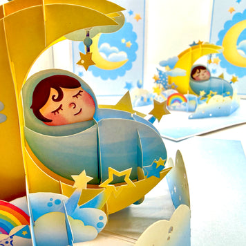 Blue Newborn Baby Boy Sleeping on A Crescent Moon Under Starry Night Sky Origami Pop Cards 3D Pop Up Greeting Card Happy Birthday Thank You Handmade Gift Thinking of You Blank Card for Any Occasion Happy Mother's Day Happy Newborn Baby