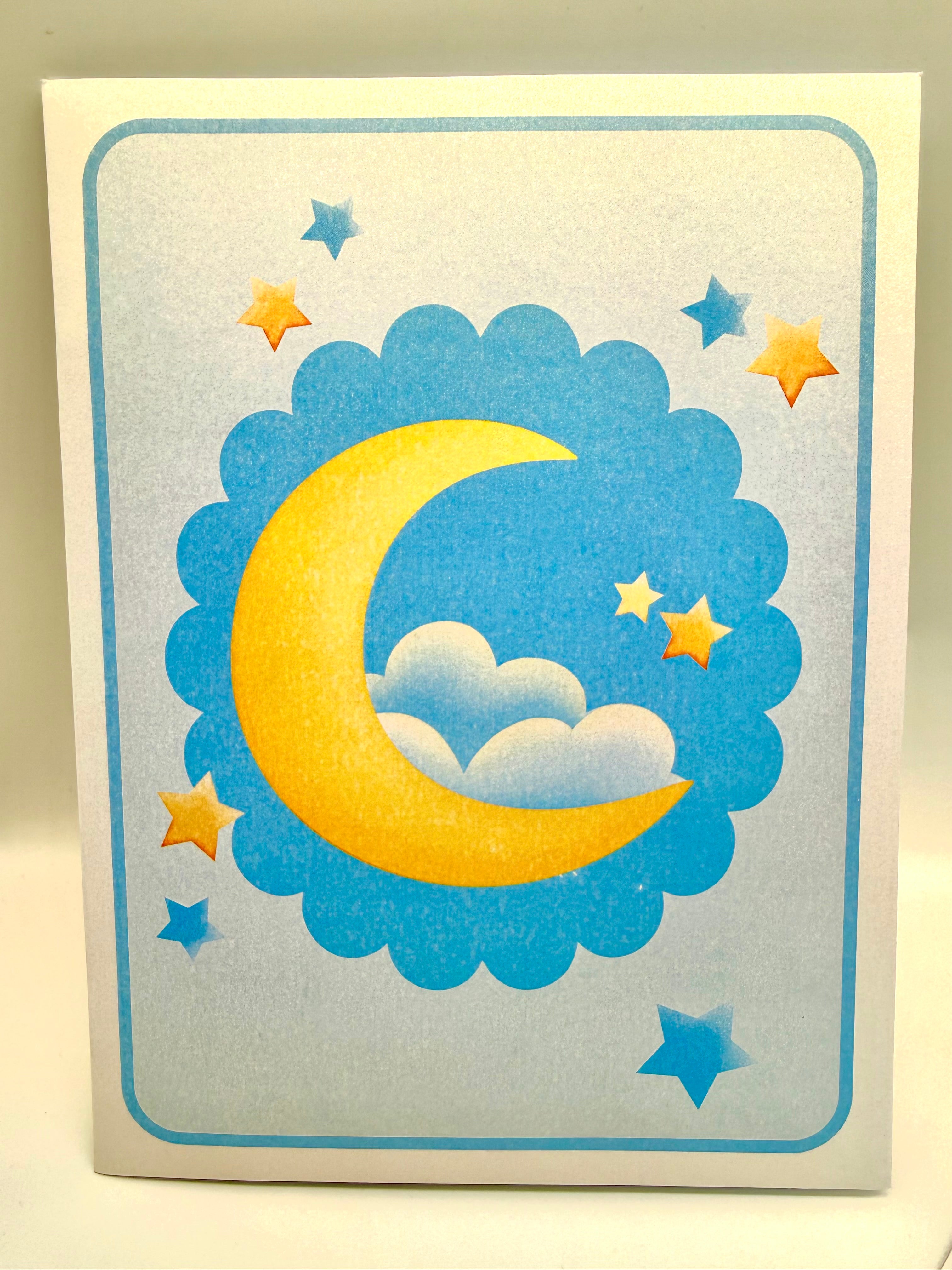 Blue Newborn Baby Boy Sleeping on A Crescent Moon Under Starry Night Sky Origami Pop Cards 3D Pop Up Greeting Card Happy Birthday Thank You Handmade Gift Thinking of You Blank Card for Any Occasion Happy Mother's Day Happy Newborn Baby