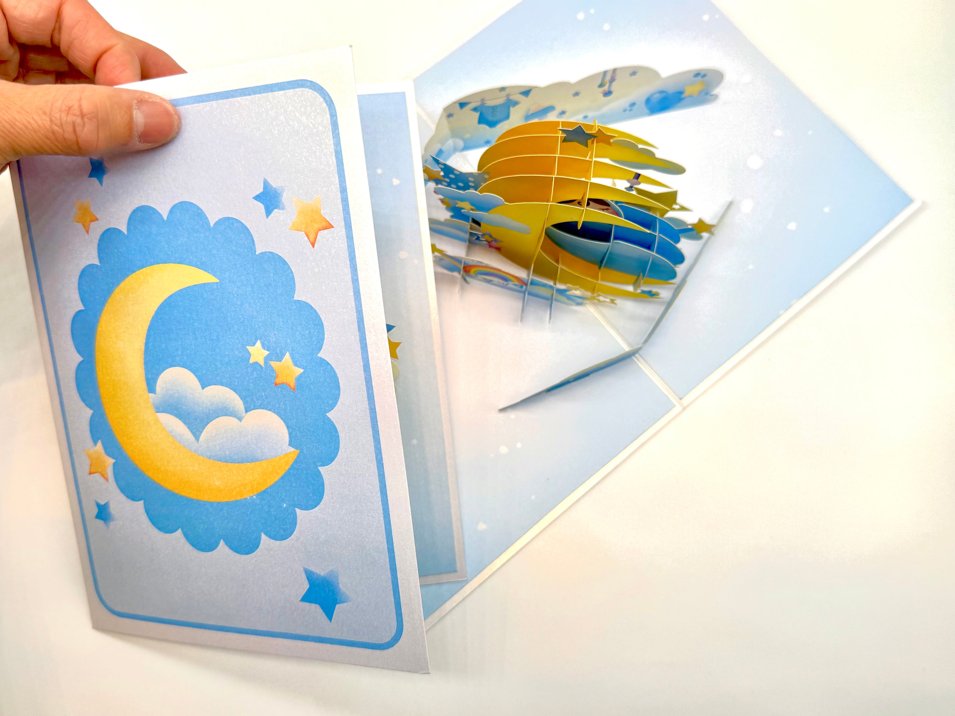 Blue Newborn Baby Boy Sleeping on A Crescent Moon Under Starry Night Sky Origami Pop Cards 3D Pop Up Greeting Card Happy Birthday Thank You Handmade Gift Thinking of You Blank Card for Any Occasion Happy Mother's Day Happy Newborn Baby
