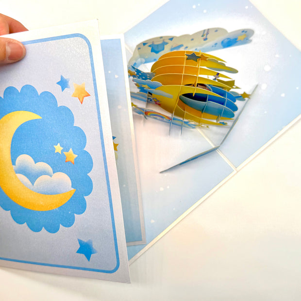 Blue Newborn Baby Boy Sleeping on A Crescent Moon Under Starry Night Sky Origami Pop Cards 3D Pop Up Greeting Card Happy Birthday Thank You Handmade Gift Thinking of You Blank Card for Any Occasion Happy Mother's Day Happy Newborn Baby
