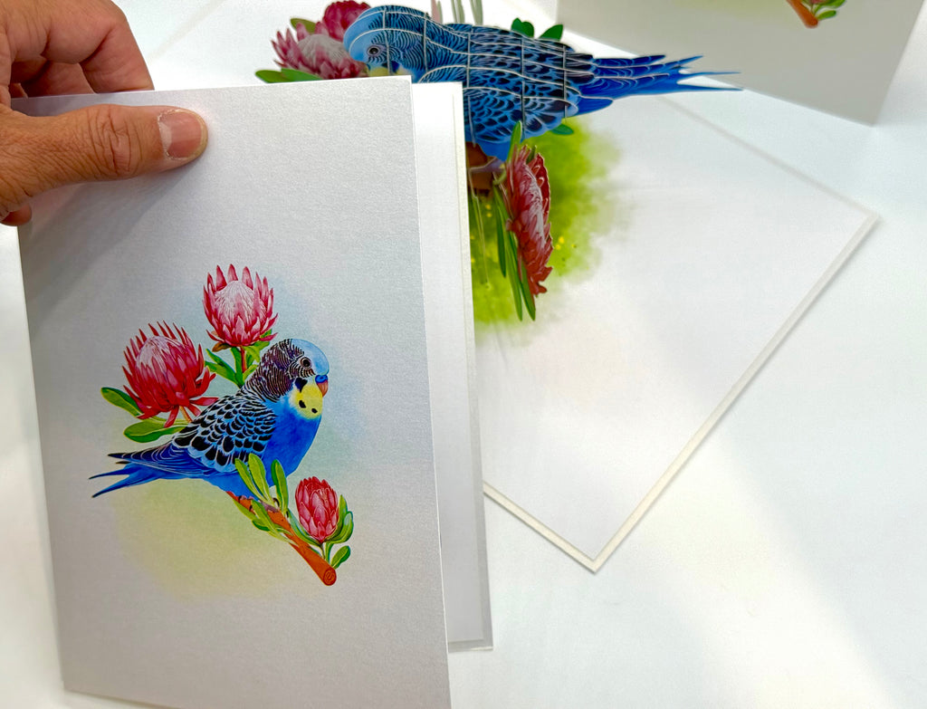 Blue & Yellow Budgie with Pink Protea Flowers Origami Pop Cards 3D Pop Up Greeting Card Celebrate Happy Birthday Thank You Handmade Best Wishes Gift Thinking of You Blank Card for Any Occasion Happy Mother's Day Happy Father's Day Australiana Nature