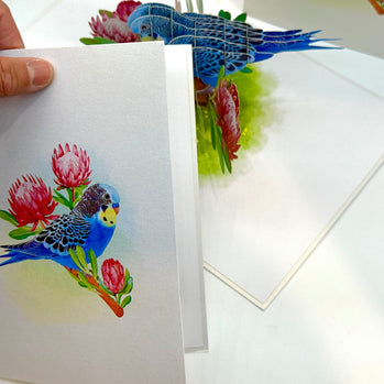 Blue & Yellow Budgie with Pink Protea Flowers Origami Pop Cards 3D Pop Up Greeting Card Celebrate Happy Birthday Thank You Handmade Best Wishes Gift Thinking of You Blank Card for Any Occasion Happy Mother's Day Happy Father's Day Australiana Nature