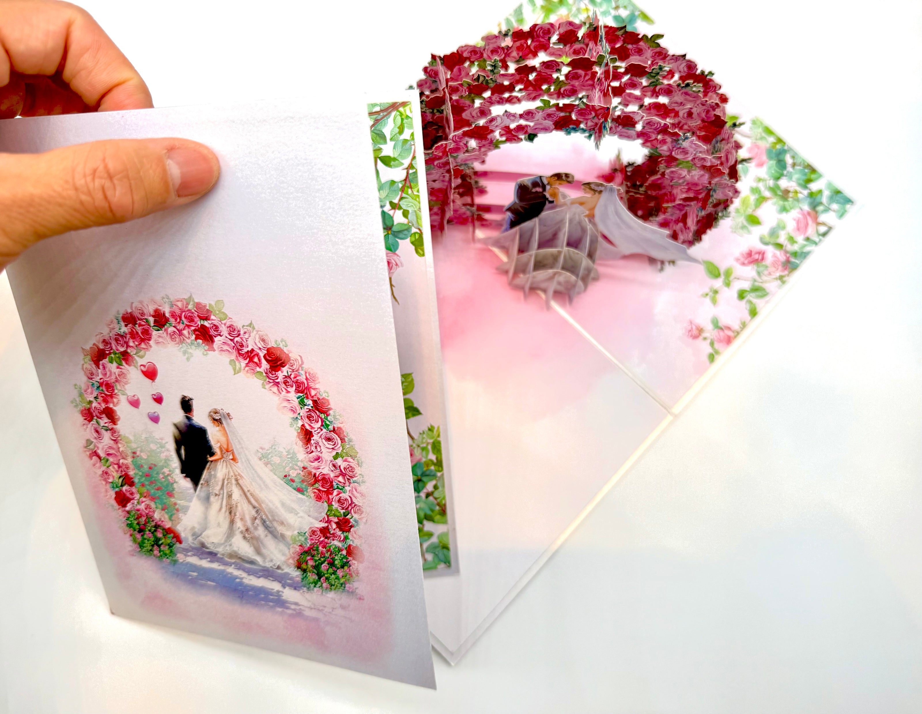 Brunette - Meridian Pink & Red Rose Arch with Bride & Groom Created by Origami Pop Cards – 3D Pop Up Greeting Cards, Australian Design & Handmade, 3D Pop Up Magical Paper Cards, Handmade Pop Up Cards Celebrate Love Anniversary Heart Fell and Romantic