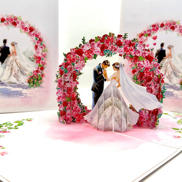 Brunette - Meridian Pink & Red Rose Arch with Bride & Groom Created by Origami Pop Cards – 3D Pop Up Greeting Cards, Australian Design & Handmade, 3D Pop Up Magical Paper Cards, Handmade Pop Up Cards Celebrate Love Anniversary Heart Fell and Romantic