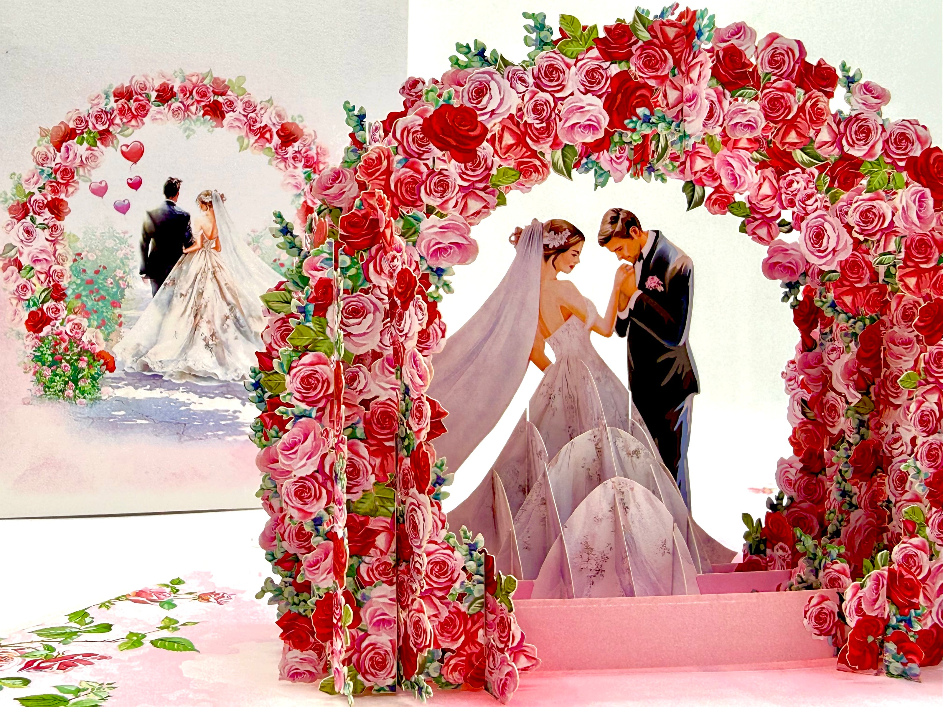 Brunette - Meridian Pink & Red Rose Arch with Bride & Groom Created by Origami Pop Cards – 3D Pop Up Greeting Cards, Australian Design & Handmade, 3D Pop Up Magical Paper Cards, Handmade Pop Up Cards Celebrate Love Anniversary Heart Fell and Romantic