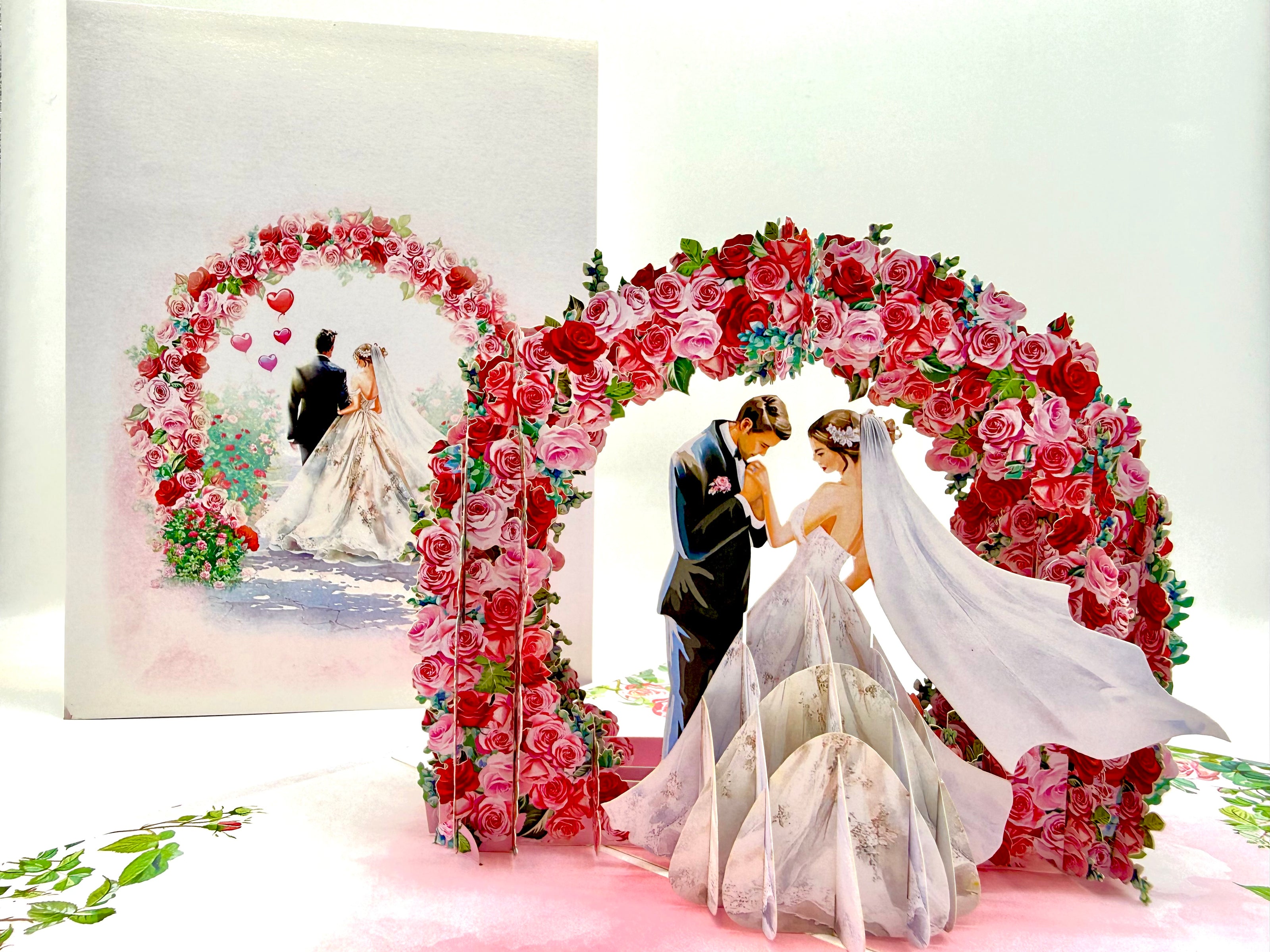 Brunette - Meridian Pink & Red Rose Arch with Bride & Groom Created by Origami Pop Cards – 3D Pop Up Greeting Cards, Australian Design & Handmade, 3D Pop Up Magical Paper Cards, Handmade Pop Up Cards Celebrate Love Anniversary Heart Fell and Romantic