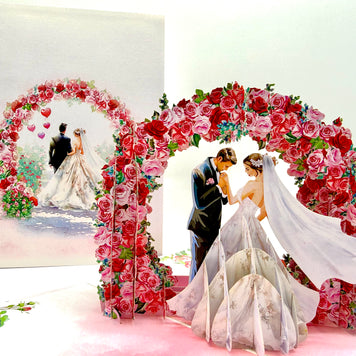 Brunette - Meridian Pink & Red Rose Arch with Bride & Groom Created by Origami Pop Cards – 3D Pop Up Greeting Cards, Australian Design & Handmade, 3D Pop Up Magical Paper Cards, Handmade Pop Up Cards Celebrate Love Anniversary Heart Fell and Romantic