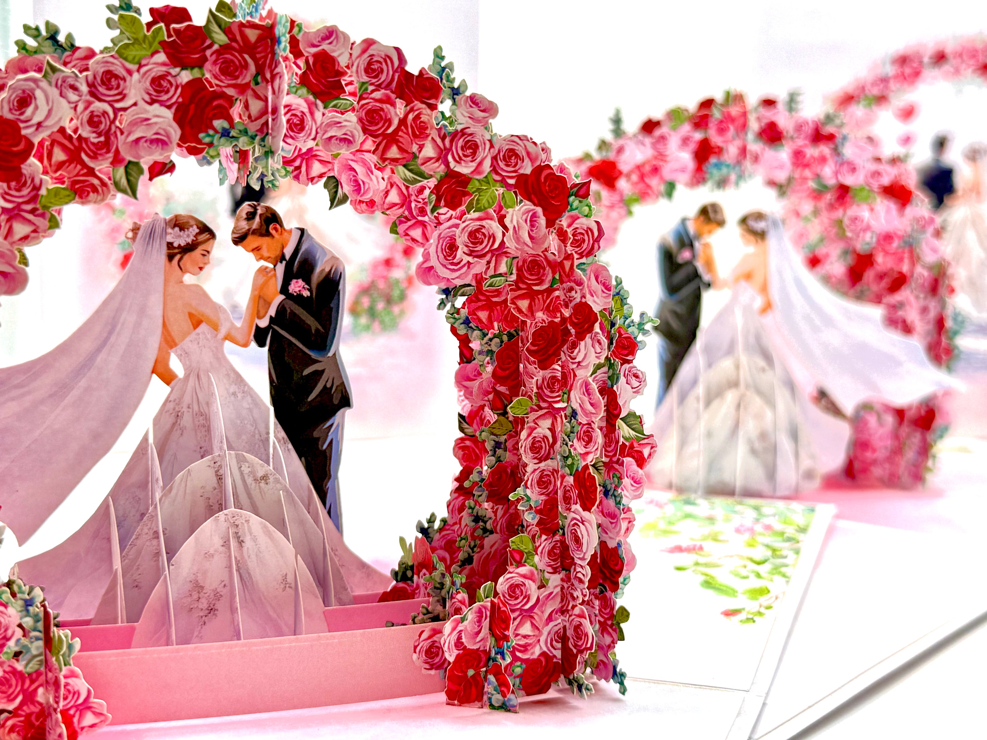 Brunette - Meridian Pink & Red Rose Arch with Bride & Groom Created by Origami Pop Cards – 3D Pop Up Greeting Cards, Australian Design & Handmade, 3D Pop Up Magical Paper Cards, Handmade Pop Up Cards Celebrate Love Anniversary Heart Fell and Romantic