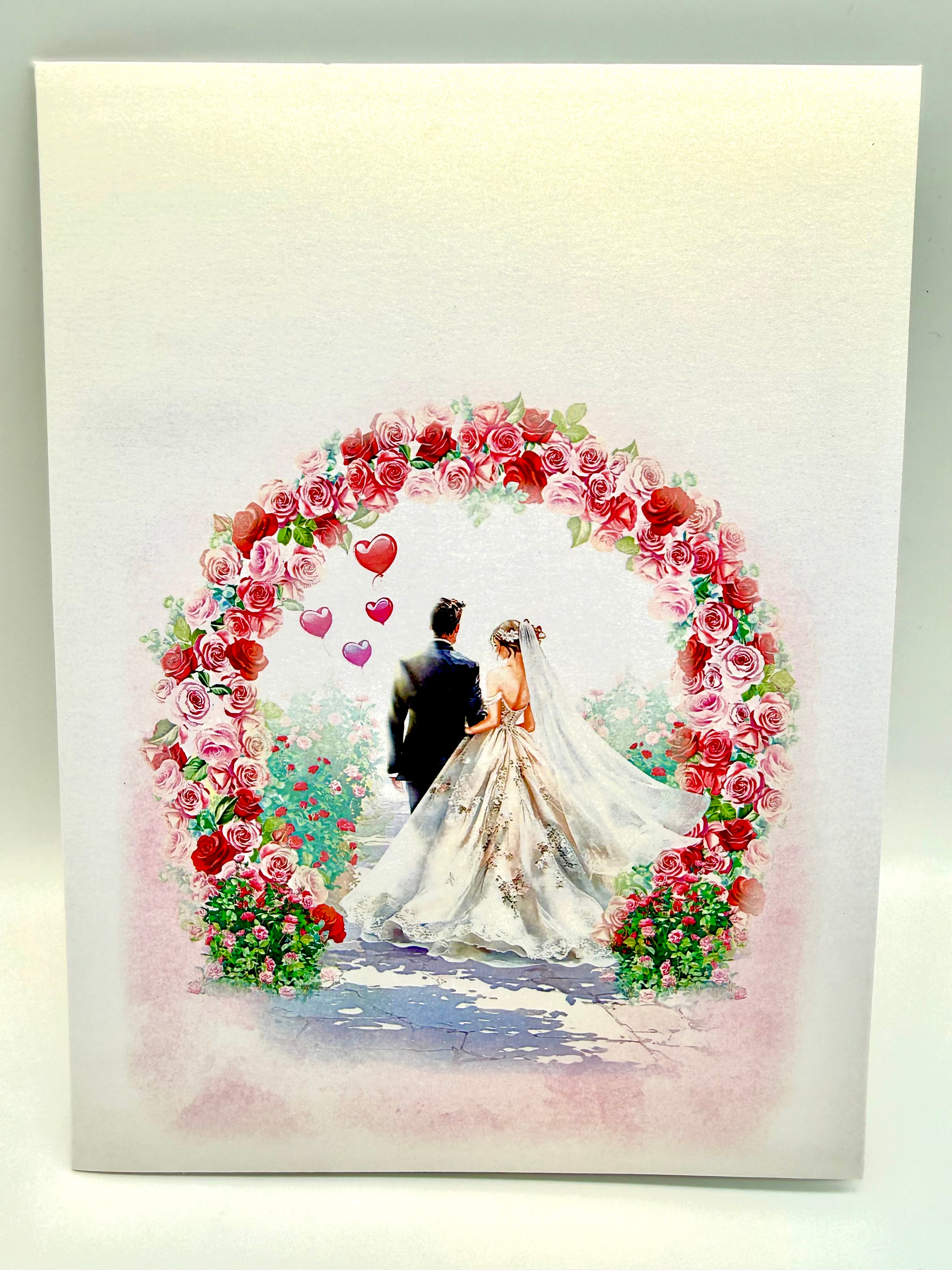 Brunette - Meridian Pink & Red Rose Arch with Bride & Groom Created by Origami Pop Cards – 3D Pop Up Greeting Cards, Australian Design & Handmade, 3D Pop Up Magical Paper Cards, Handmade Pop Up Cards Celebrate Love Anniversary Heart Fell and Romantic