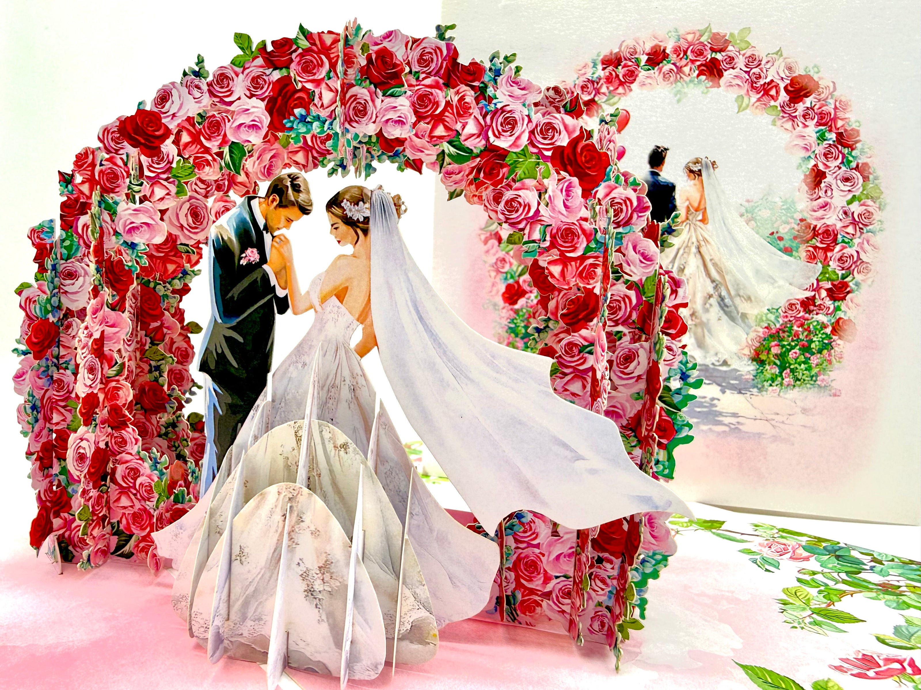 Brunette - Meridian Pink & Red Rose Arch with Bride & Groom Created by Origami Pop Cards – 3D Pop Up Greeting Cards, Australian Design & Handmade, 3D Pop Up Magical Paper Cards, Handmade Pop Up Cards Celebrate Love Anniversary Heart Fell and Romantic