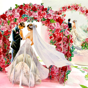 Brunette - Meridian Pink & Red Rose Arch with Bride & Groom Created by Origami Pop Cards – 3D Pop Up Greeting Cards, Australian Design & Handmade, 3D Pop Up Magical Paper Cards, Handmade Pop Up Cards Celebrate Love Anniversary Heart Fell and Romantic