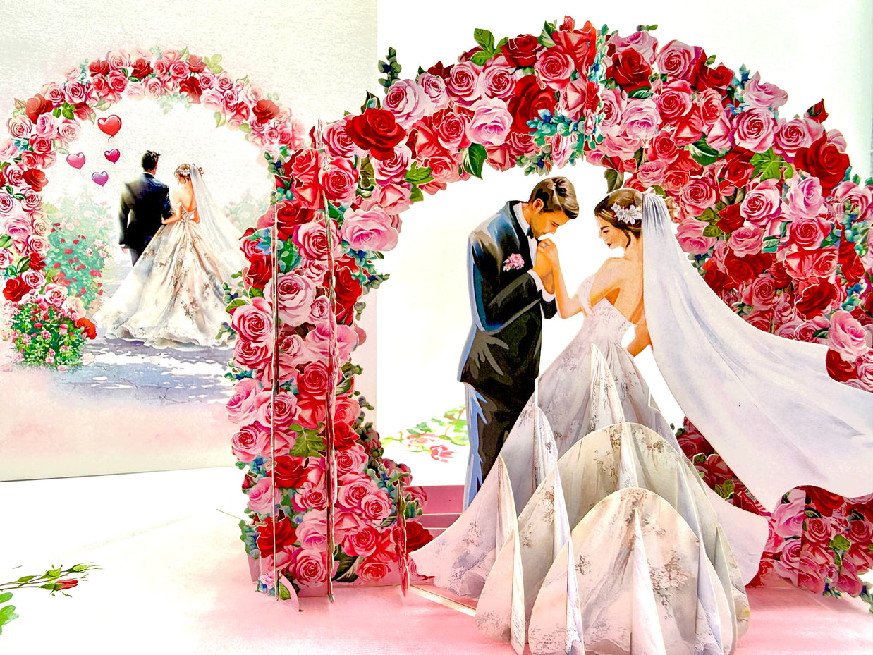 Brunette - Meridian Pink & Red Rose Arch with Bride & Groom Created by Origami Pop Cards – 3D Pop Up Greeting Cards, Australian Design & Handmade, 3D Pop Up Magical Paper Cards, Handmade Pop Up Cards Celebrate Love Anniversary Heart Fell and Romantic