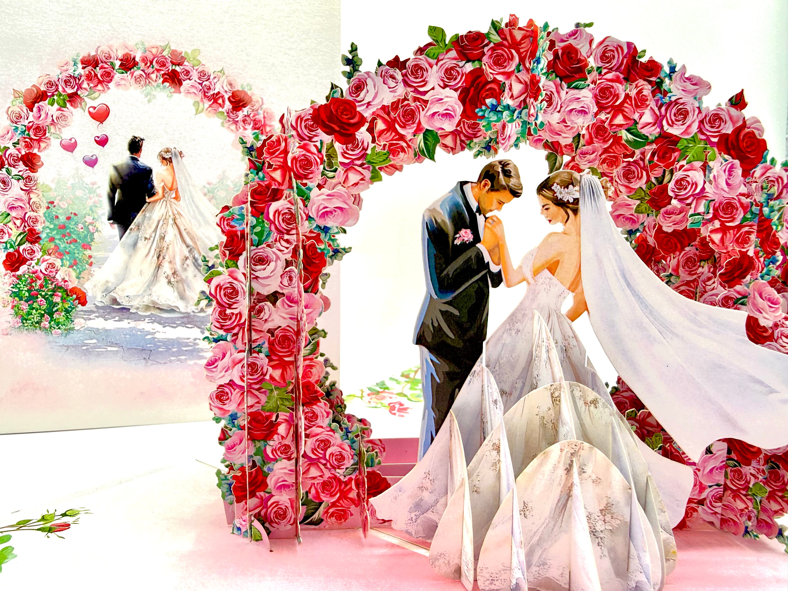 Brunette - Meridian Pink & Red Rose Arch with Bride & Groom Created by Origami Pop Cards – 3D Pop Up Greeting Cards, Australian Design & Handmade, 3D Pop Up Magical Paper Cards, Handmade Pop Up Cards Celebrate Love Anniversary Heart Fell and Romantic