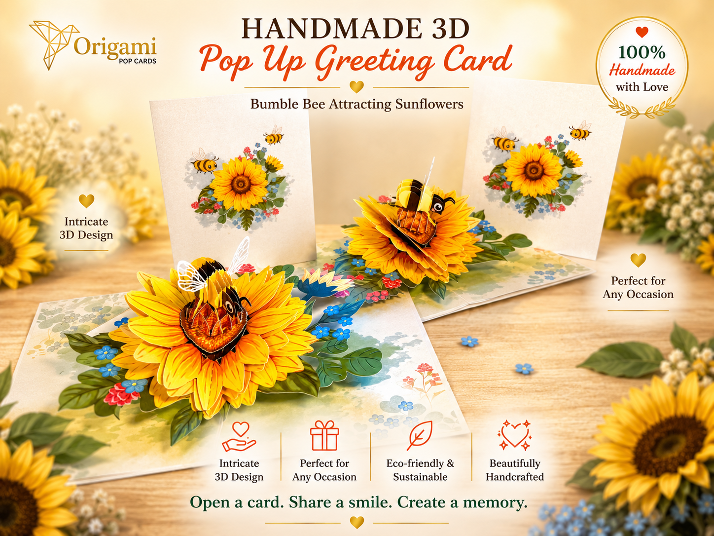 Bumble Bee Attracting Sunflowers Origami Pop Cards 3D Pop Up Greeting Card Happy Birthday Thank You Handmade Gift Thinking of You Blank Card for Any Occasion Happy Mother's Day Happy Father's Australiana Celebrate the Beauty of Autumn Flower