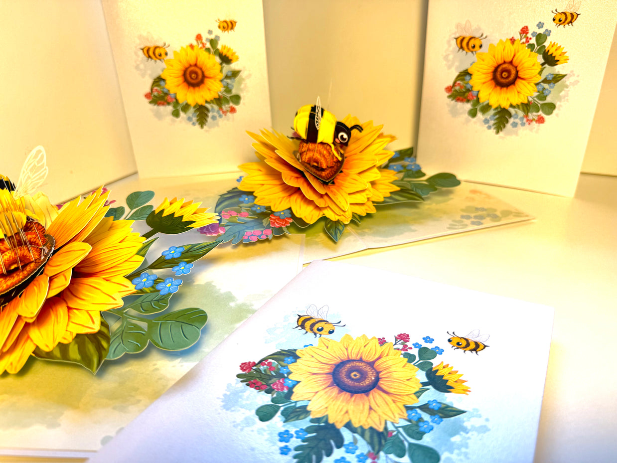Bumble Bee Attracting Sunflowers Origami Pop Cards 3D Pop Up Greeting Card Happy Birthday Thank You Handmade Gift Thinking of You Blank Card for Any Occasion Happy Mother's Day Happy Father's Australiana Celebrate the Beauty of Autumn Flower