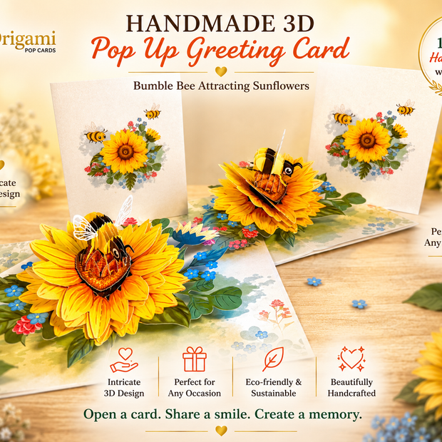 Bumble Bee Attracting Sunflowers Origami Pop Cards 3D Pop Up Greeting Card Happy Birthday Thank You Handmade Gift Thinking of You Blank Card for Any Occasion Happy Mother's Day Happy Father's Australiana Celebrate the Beauty of Autumn Flower