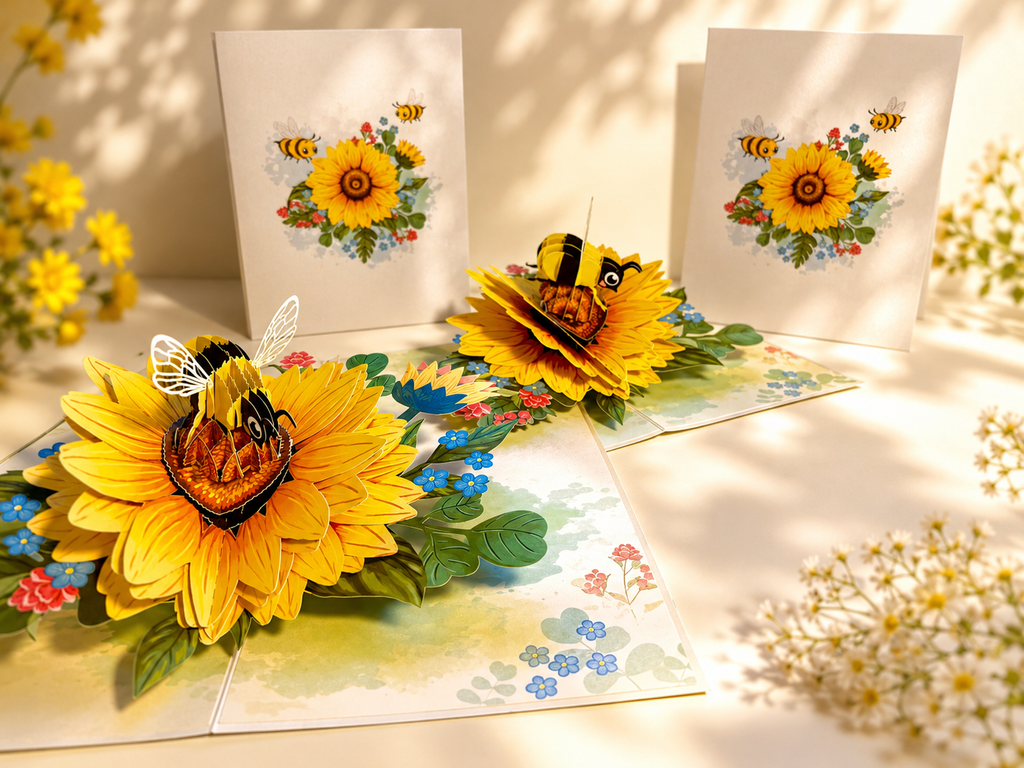 Bumble Bee Attracting Sunflowers Origami Pop Cards 3D Pop Up Greeting Card Happy Birthday Thank You Handmade Gift Thinking of You Blank Card for Any Occasion Happy Mother's Day Happy Father's Australiana Celebrate the Beauty of Autumn Flower