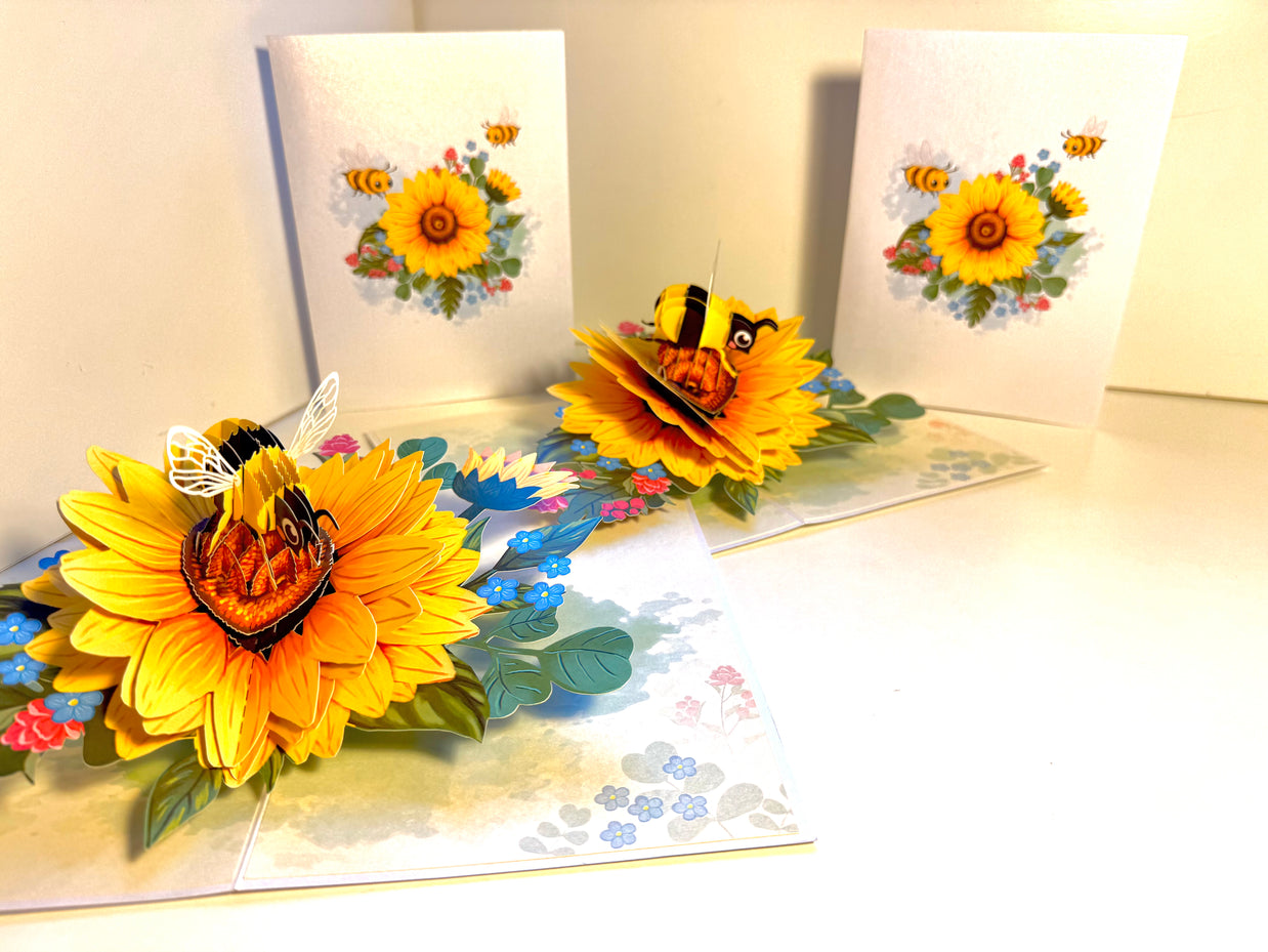 Bumble Bee Attracting Sunflowers Origami Pop Cards 3D Pop Up Greeting Card Happy Birthday Thank You Handmade Gift Thinking of You Blank Card for Any Occasion Happy Mother's Day Happy Father's Australiana Celebrate the Beauty of Autumn Flower