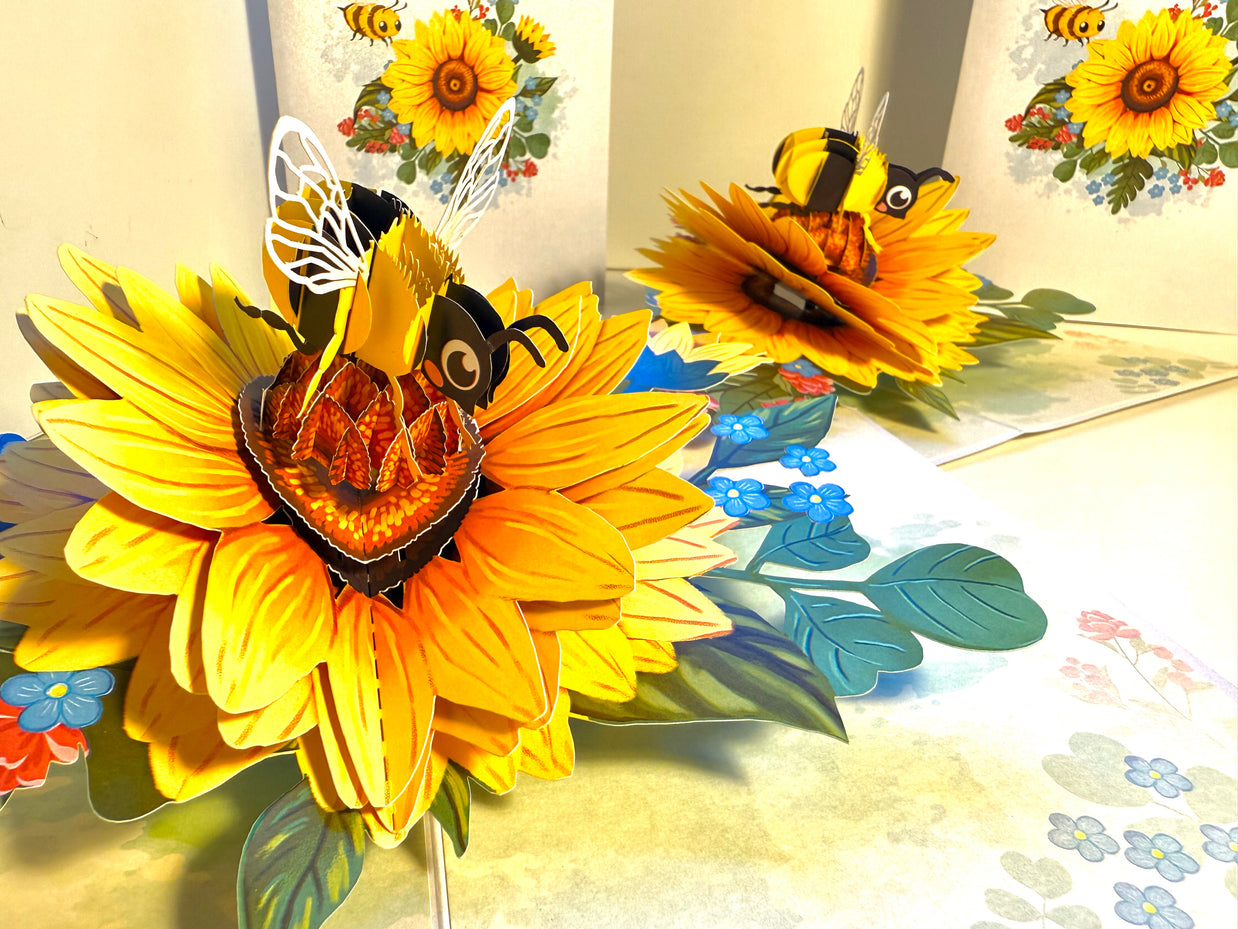 Bumble Bee Attracting Sunflowers Origami Pop Cards 3D Pop Up Greeting Card Happy Birthday Thank You Handmade Gift Thinking of You Blank Card for Any Occasion Happy Mother's Day Happy Father's Australiana Celebrate the Beauty of Autumn Flower
