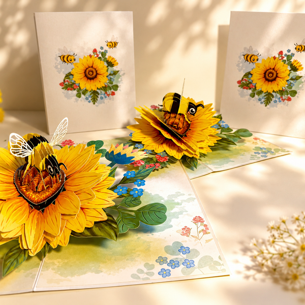 Bumble Bee Attracting Sunflowers Origami Pop Cards 3D Pop Up Greeting Card Happy Birthday Thank You Handmade Gift Thinking of You Blank Card for Any Occasion Happy Mother's Day Happy Father's Australiana Celebrate the Beauty of Autumn Flower